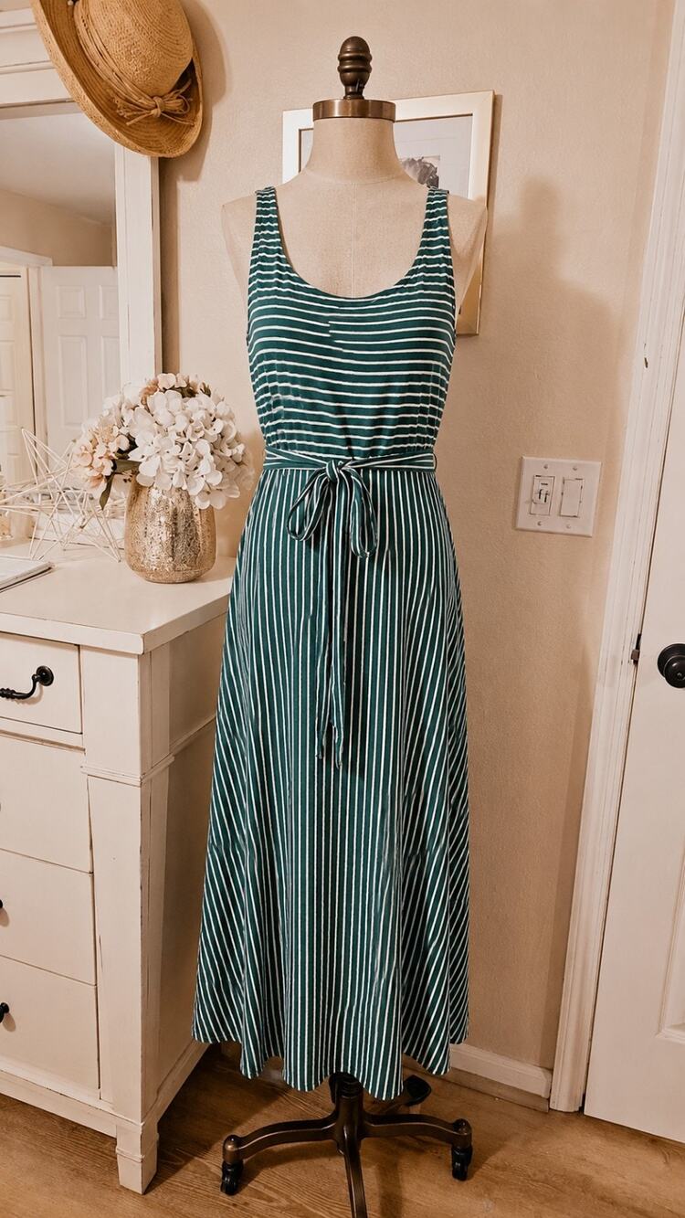 Loft Women's Petite Size XXLP Striped Tie Waist Green White Midi Dress